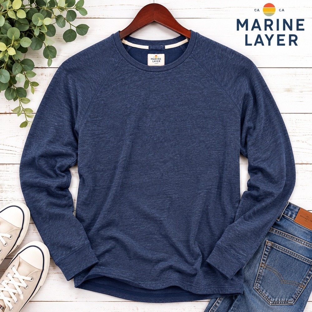 Marine Layer Crewneck Shirt Men L Navy Blue Raglan Long Sleeve Soft Slub Coastal